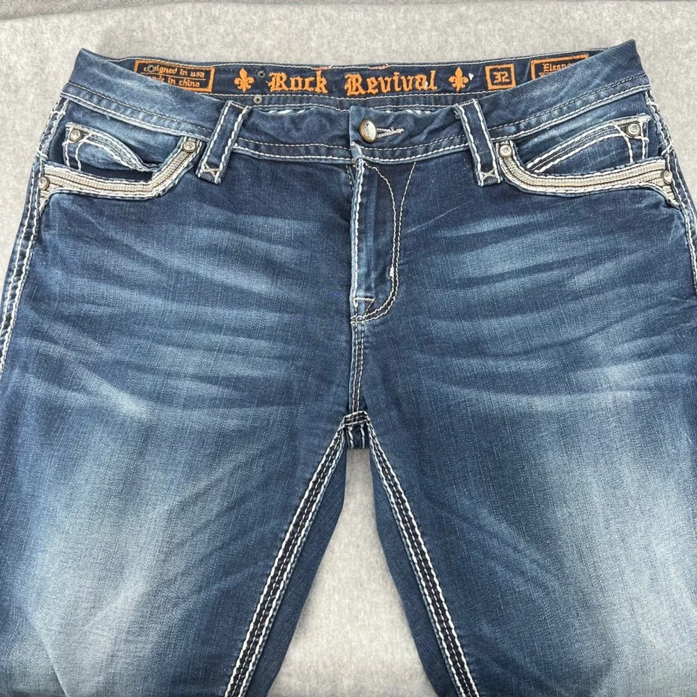 Rock Revival Eleanor Easy Boot Jean Womens 32 Blue Dark Wash Rhinestone E8436E4X